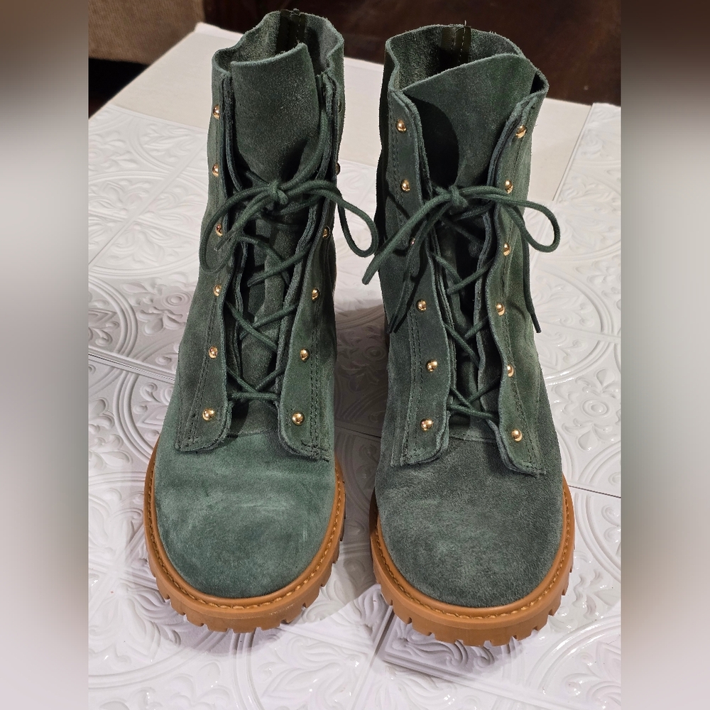 Schutz Green Suede Women's Combat Moto Boots - Picture 2 of 13